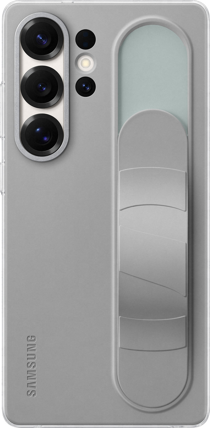 Samsung S25 Ultra Standing Grip Back Cover Grijs product in gebruik