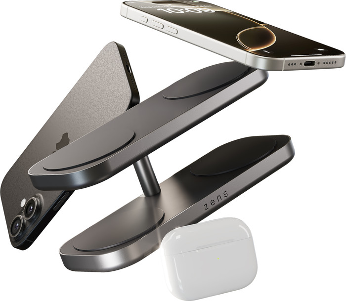 ZENS 4-in-1 Kabelloses Ladegerät 15 W mit Ständer und MagSafe Magnet Schwarz vorne