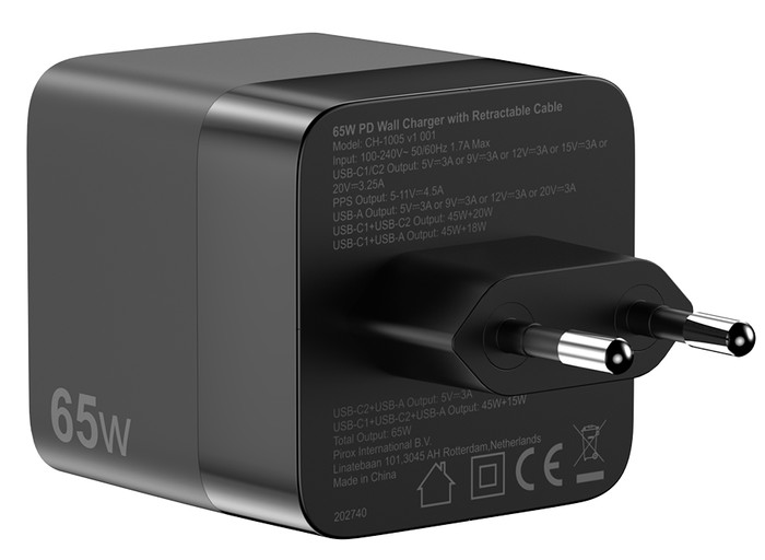 Sitecom 65W GaN Oplader met Uittrekbare Kabel achterkant