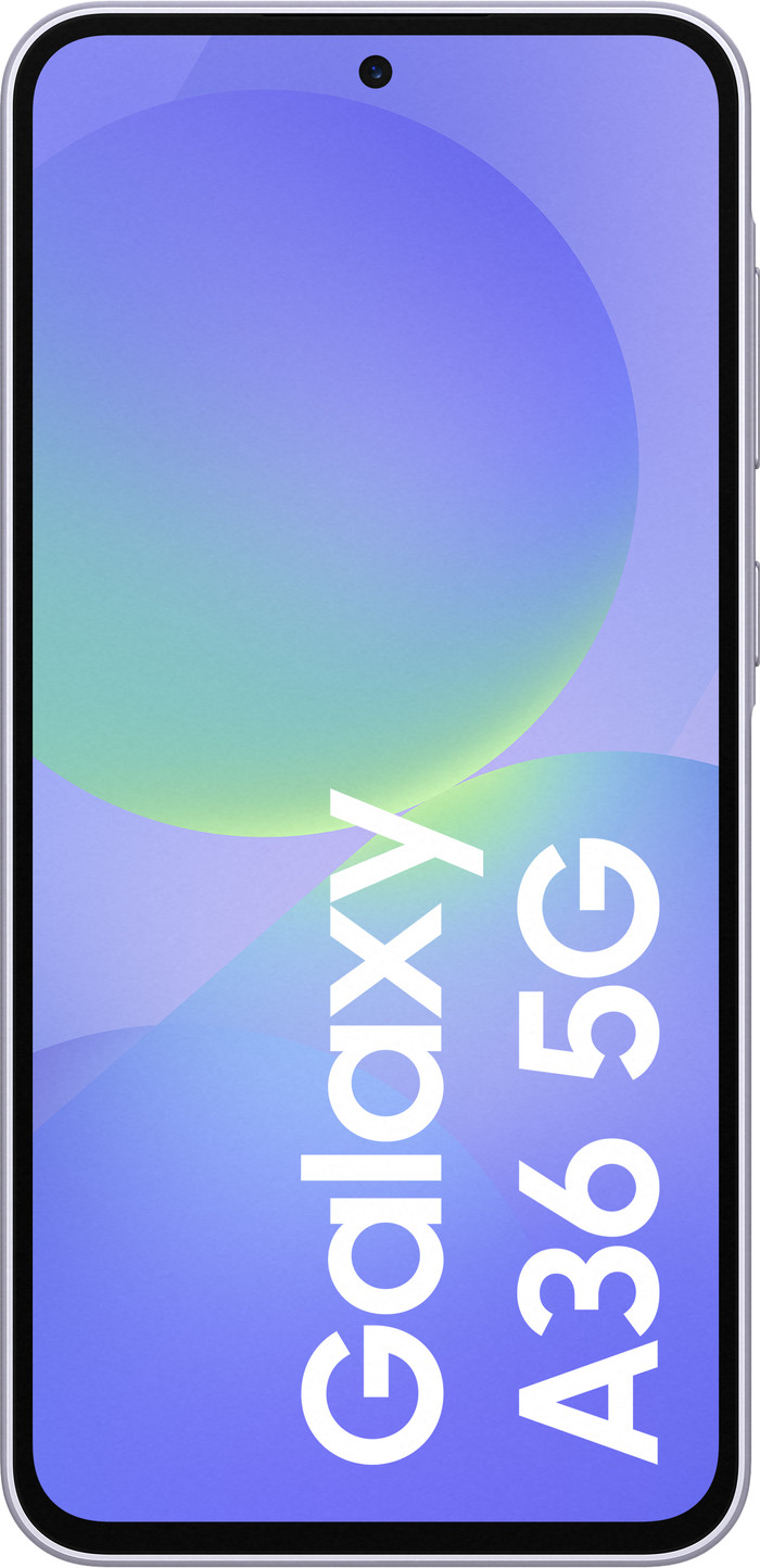 Samsung Galaxy A36 256GB Paars 5G + Samsung Oplader 25 Watt Zwart voorkant
