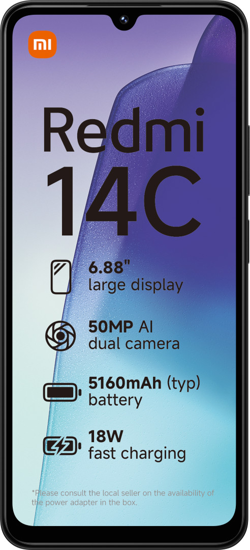 Redmi 14C 128GB Black 4G + BlueBuilt Charger with USB-A Port 18W Black front