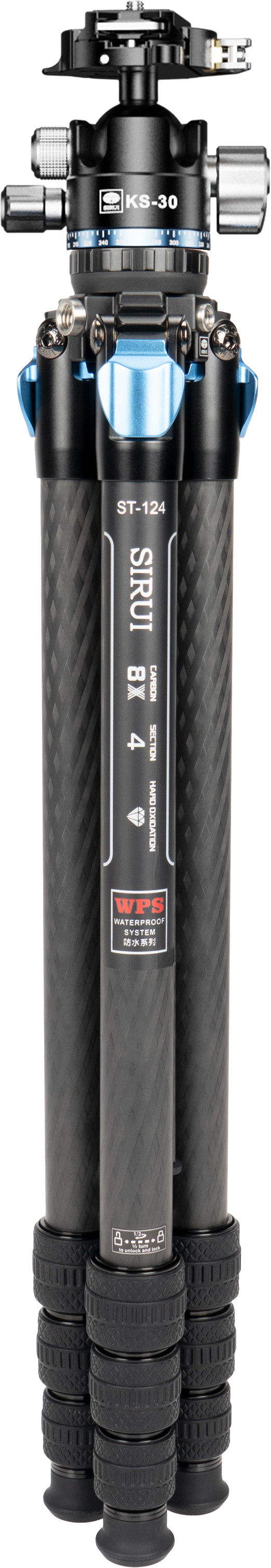 Sirui Waterproof Carbon Travel Tripod ST-124 + KS-30 balhoofd voorkant