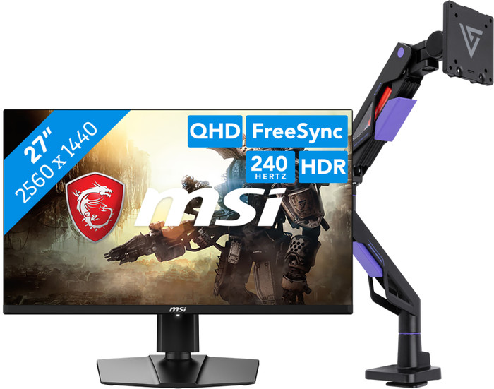 MSI MAG 271QPX QD-OLED E2 + Vortech Monitorarm met Gasveer Main Image