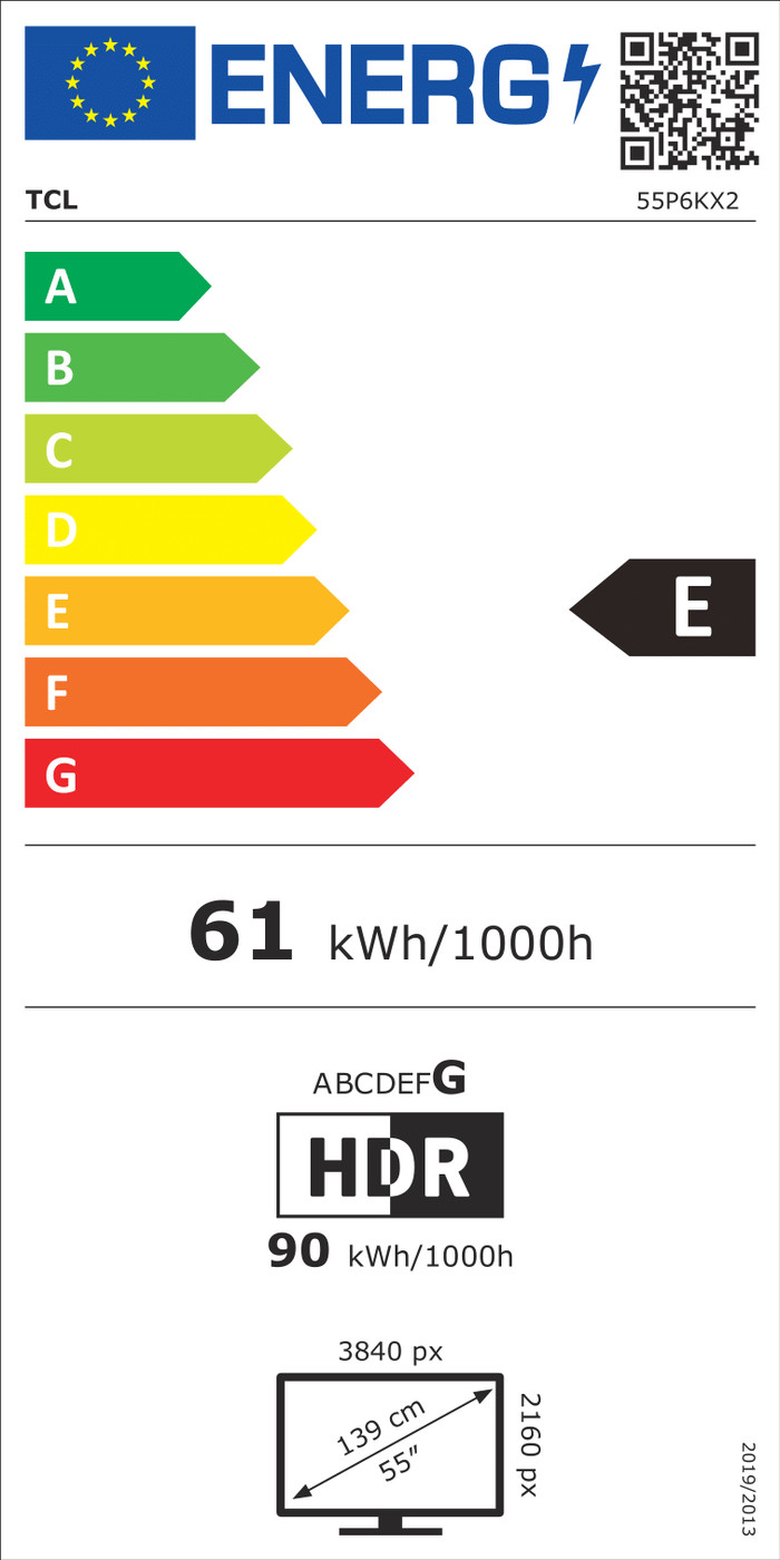 TCL 55" Led P61K 4K (2025) energielabel