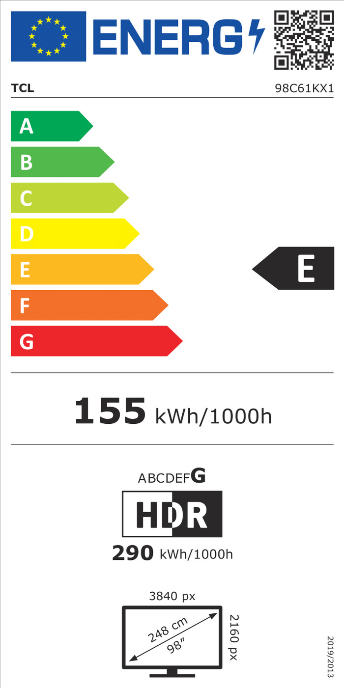 TCL 98" QD Mini-led C61K 4K (2025) + TCL Q65H energielabel