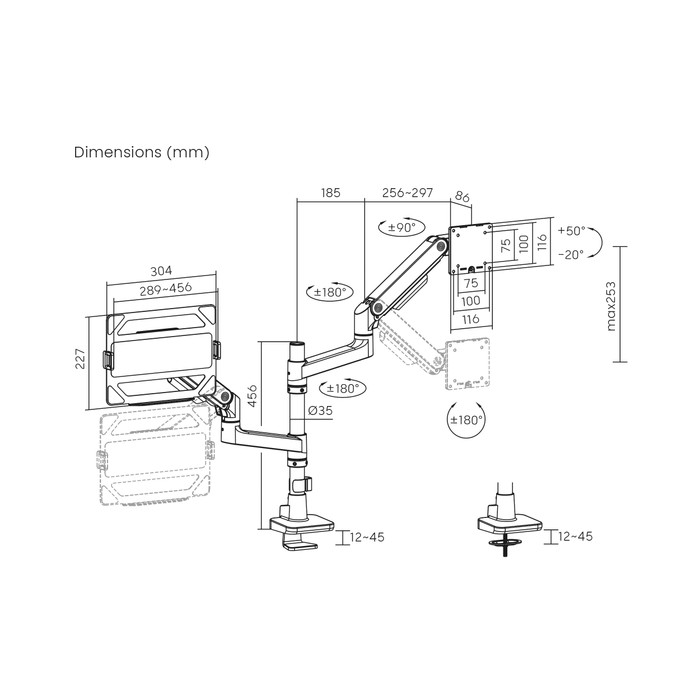 ACT AC8341 Monitorarm 49 inch met gasveer voor 1 monitor met laptophouder visual leverancier