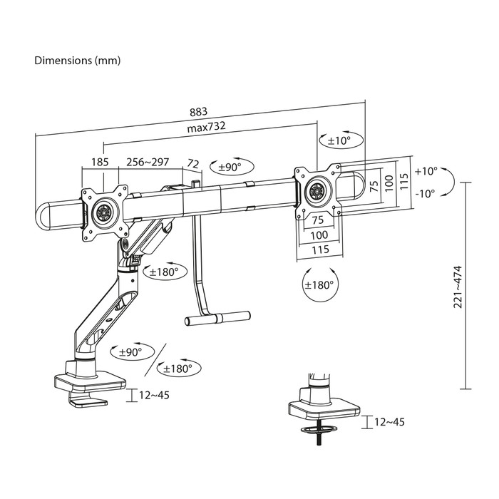 ACT AC8344 Monitorarm 32 inch met gasveer en crossbar voor 2 monitoren visual leverancier