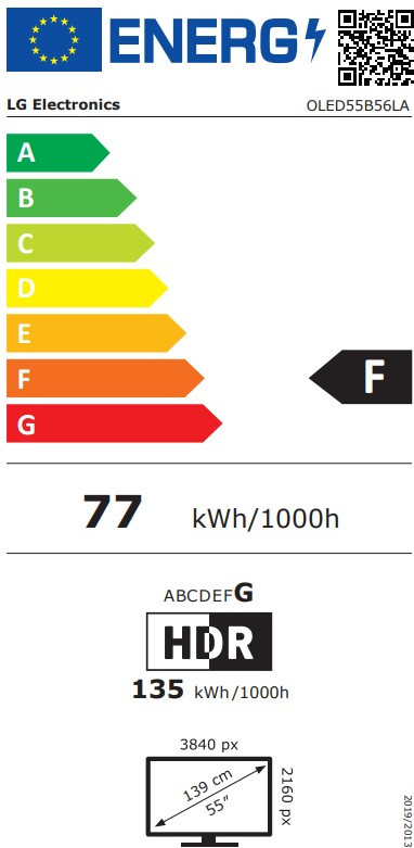 LG 55" OLED B56 4K (2025) energielabel