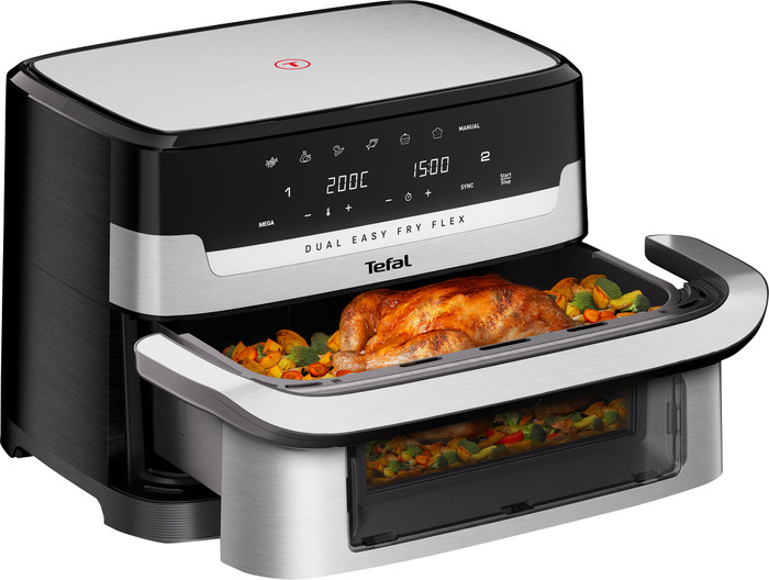 Moulinex Dual Easy Fry Flex Friggitrice ad Aria con Divisore, 2 Scomparti, FlexCook Technology, 2 resistenze superiori, Capacità fino a 9L/2,5kg, 8 Persone, 2700W, 7 Programmi, App My Moulinex, EZ9228