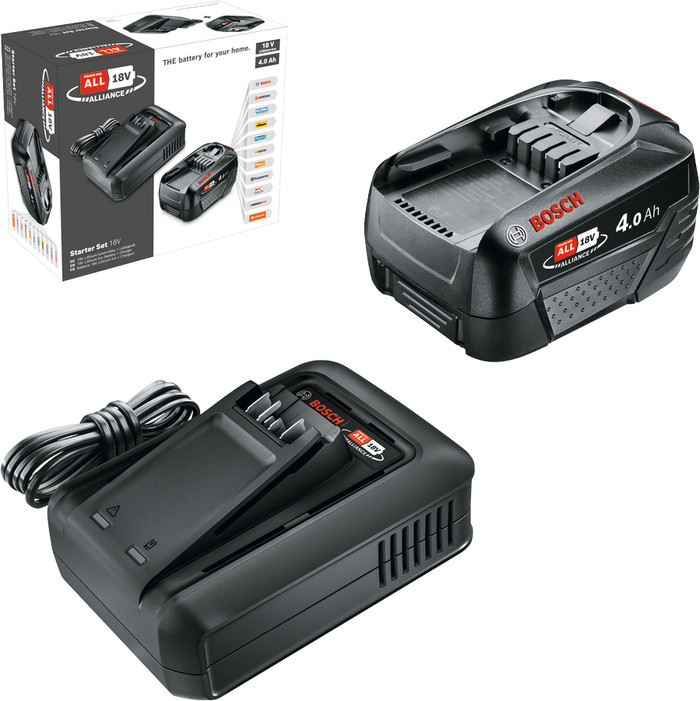 Bosch EasyMower 18V-32-200 + Bosch EasyHedgeCut 18-45 Li + Bosch Starterset 18V 4,0 Ah verpakking