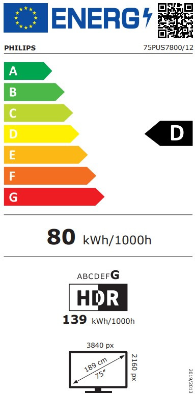 Philips 75" PUS7800 QLED 4K (2025) energielabel