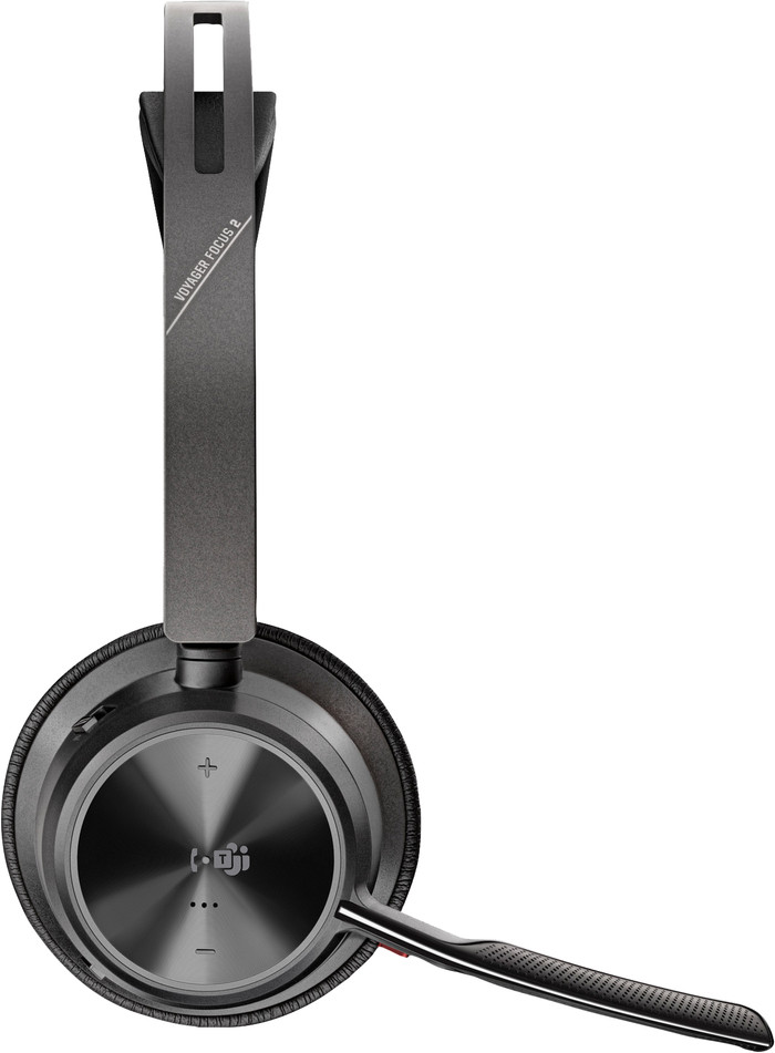 Poly Voyager Focus 2 MS Draadloze Office Headset + Oplaadstation linkerkant