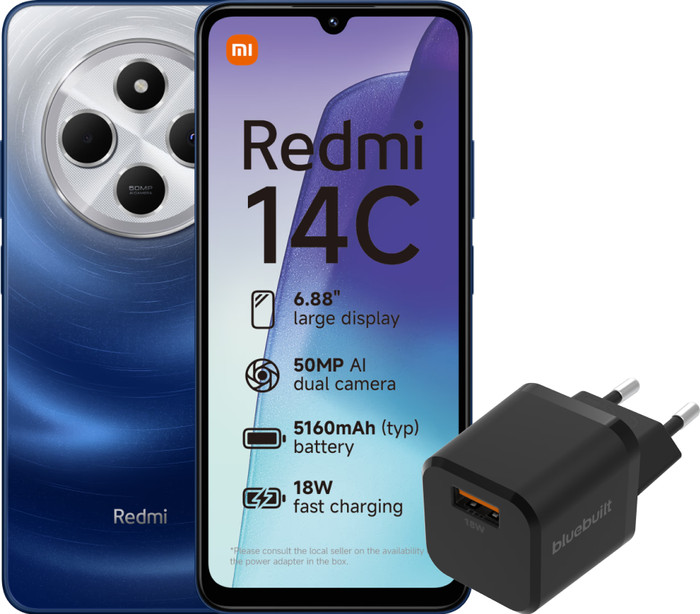 Redmi 14C 128GB Blauw 4G + BlueBuilt Oplader met Usb A Poort 18W Zwart Main Image