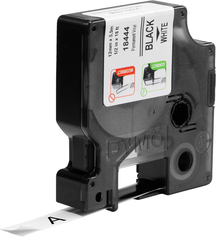 DYMO Rhino 12mm x 5,5m Zwart Wit Vinyl Labels product in gebruik