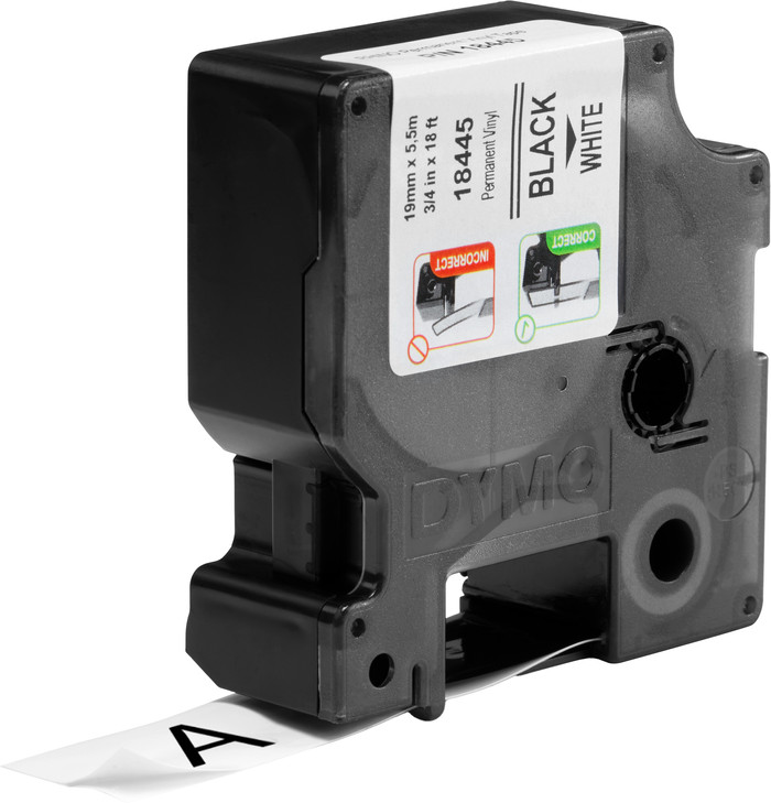 DYMO Rhino 19mm x 5,5m Zwart Wit Vinyl Labels product in gebruik