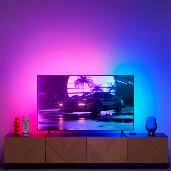 WiZ HDMI Sync Box + Light Strip for 75 - 85-inch TVs product in use