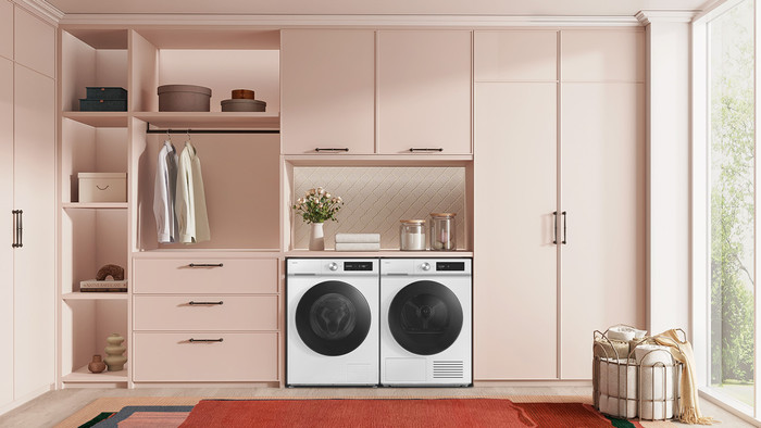 Samsung WW90DB7U94GE AI Wash + Samsung DV90DB7845GEU3 QuickDrive product in gebruik