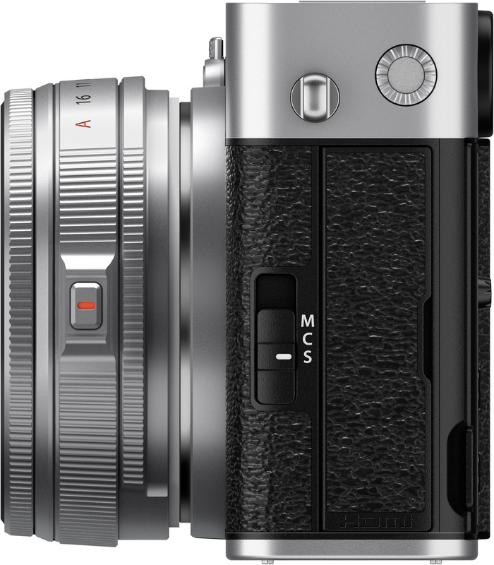 Fujifilm X-E5 Silver + 23mm f/2.8 left side
