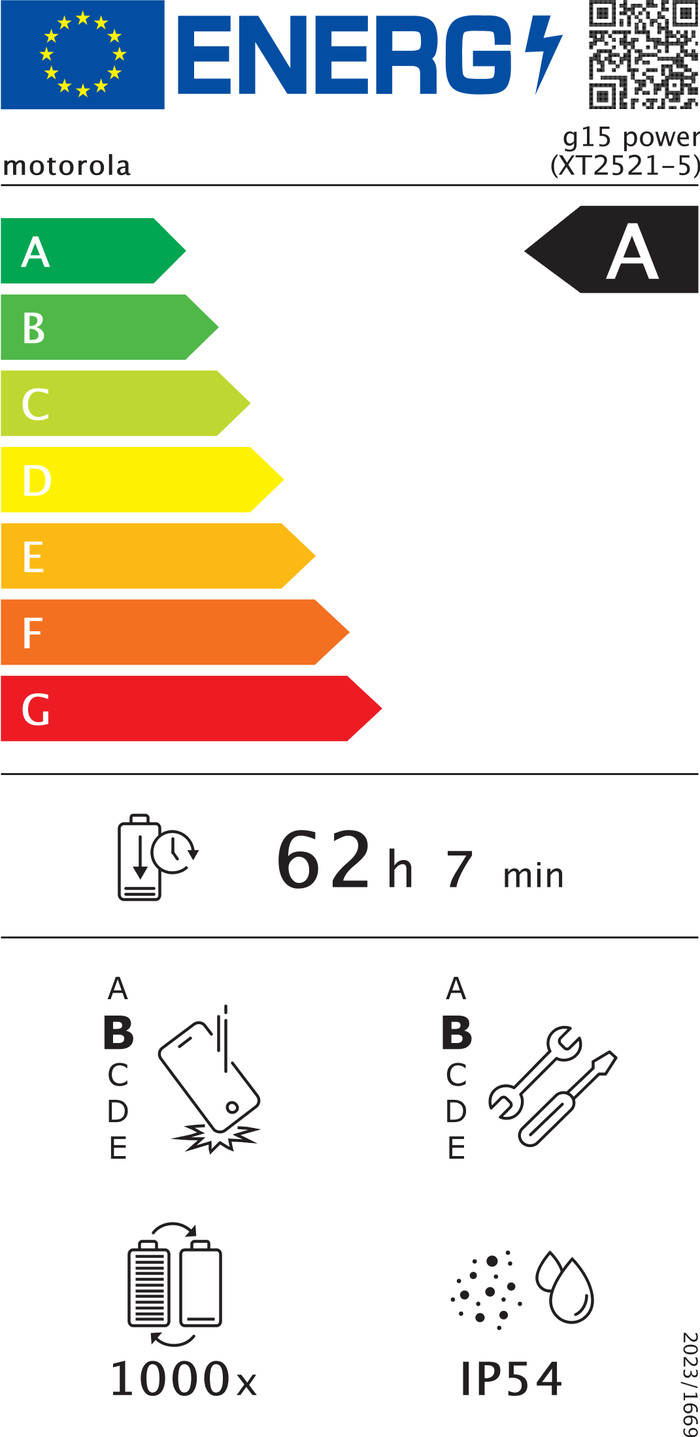 Motorola Moto G15 Power 256GB Gray 4G + Just in Case Tempered Glass Screen Protector energy label