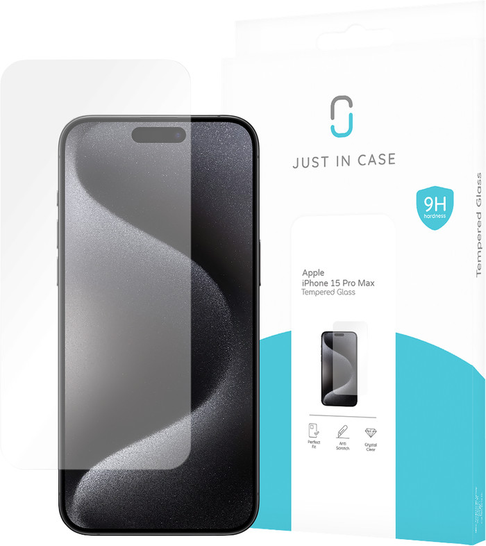 Just in Case Tempered Glass iPhone 15 Pro Max Screen Protector packaging