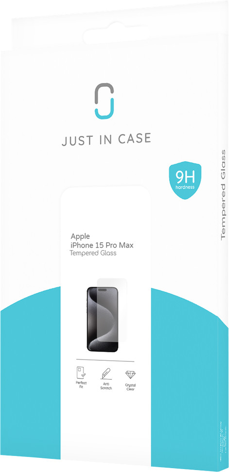 Just in Case Tempered Glass iPhone 15 Pro Max Screen Protector packaging