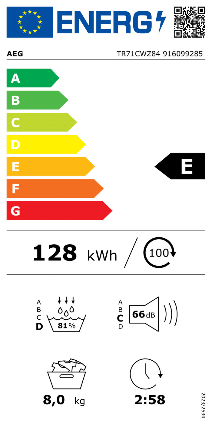 AEG LR73CU86 ProSteam UniversalDose + AEG TR71CWZ84 SensiDry energy label