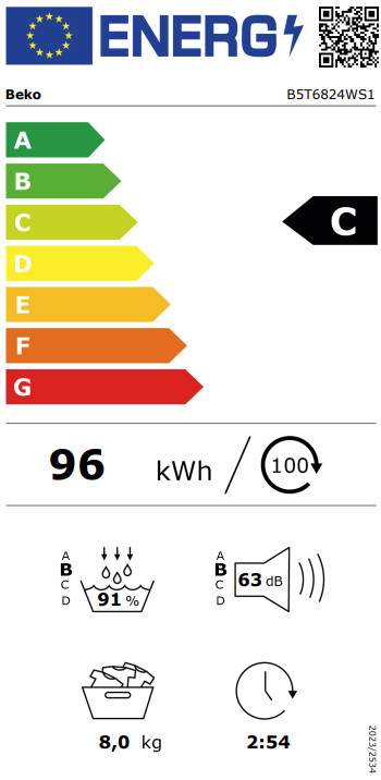 Beko B5T6824WS1 SteamCure energy label
