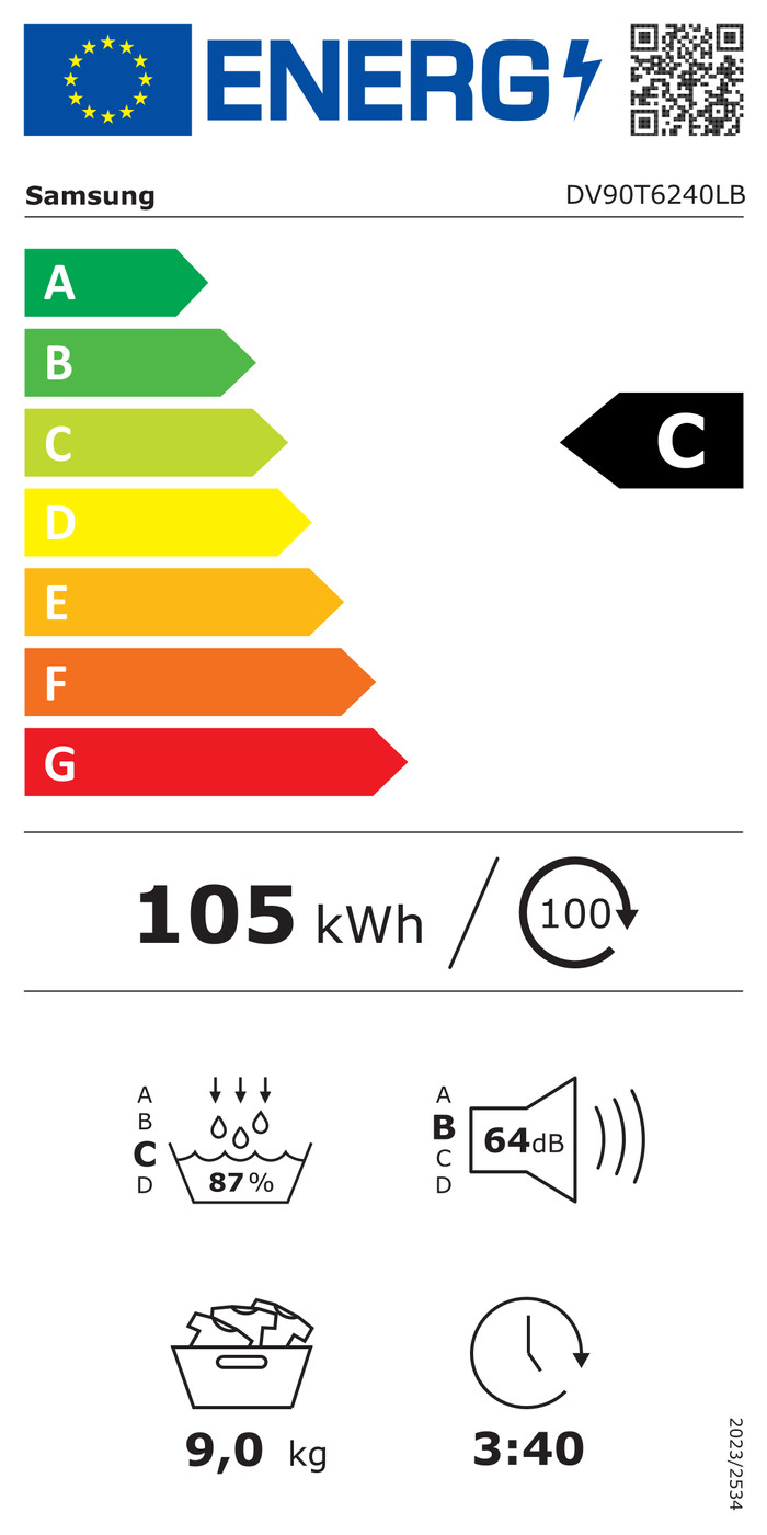 Samsung WW11DG6B85LBU3 + Samsung DV90T6240LB/S2 energielabel