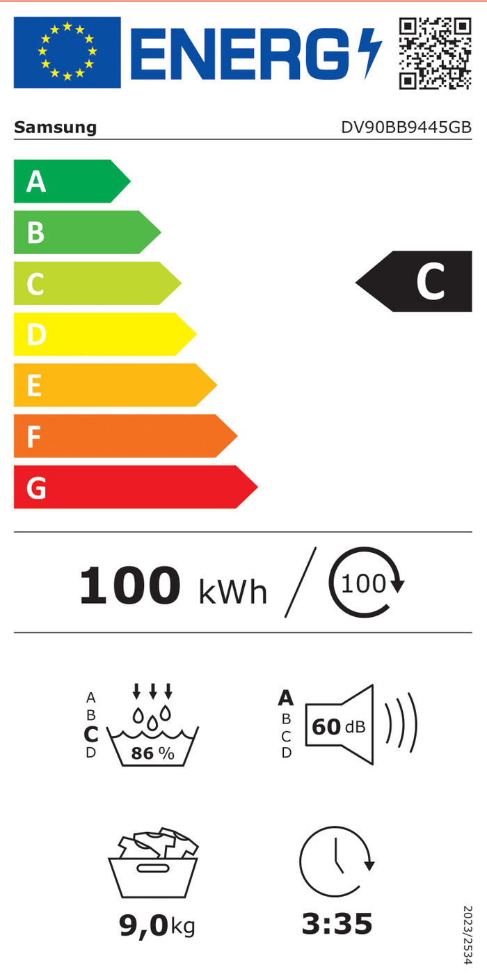 Samsung DV90BB9445GBS2 Bespoke energy label