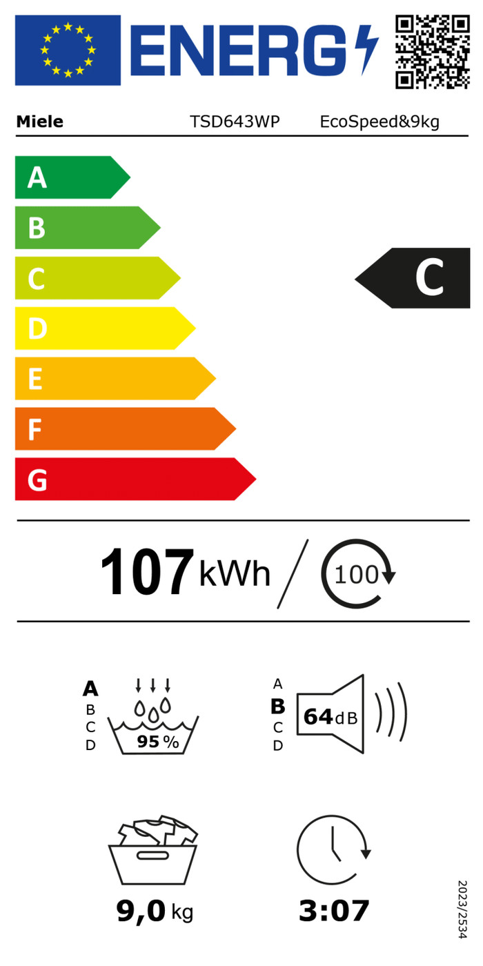 Miele WSD 383 WCS + Miele TSD 643 WP energy label