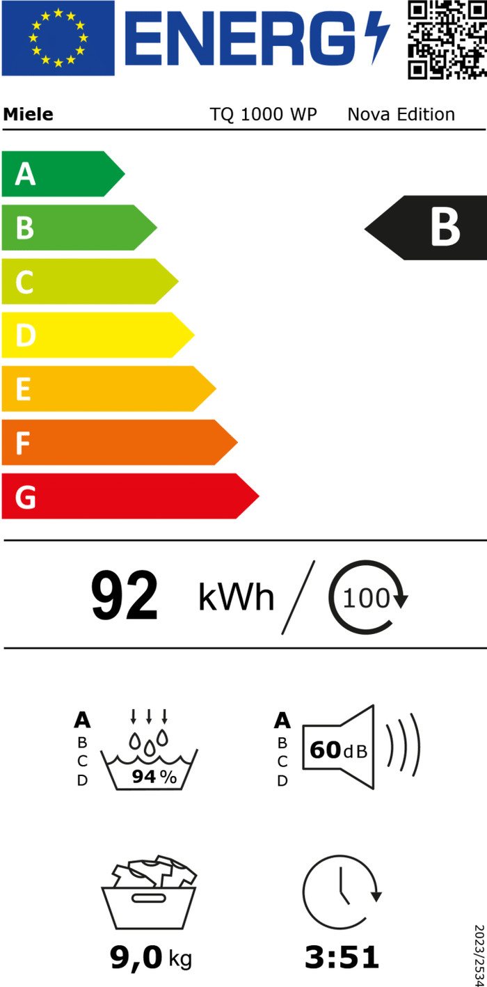 Miele WQ 1000 WPS Nova + Miele TQ 1000 WP Nova energy label