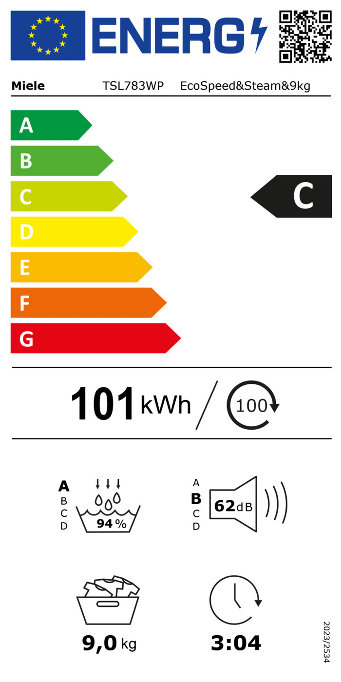 Miele TSL 783 WP EcoSpeed & Steam energielabel