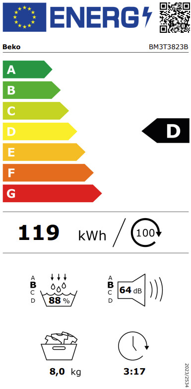 Beko BM3WFU38412CW EnergySpin + Beko BM3T38232CW energielabel