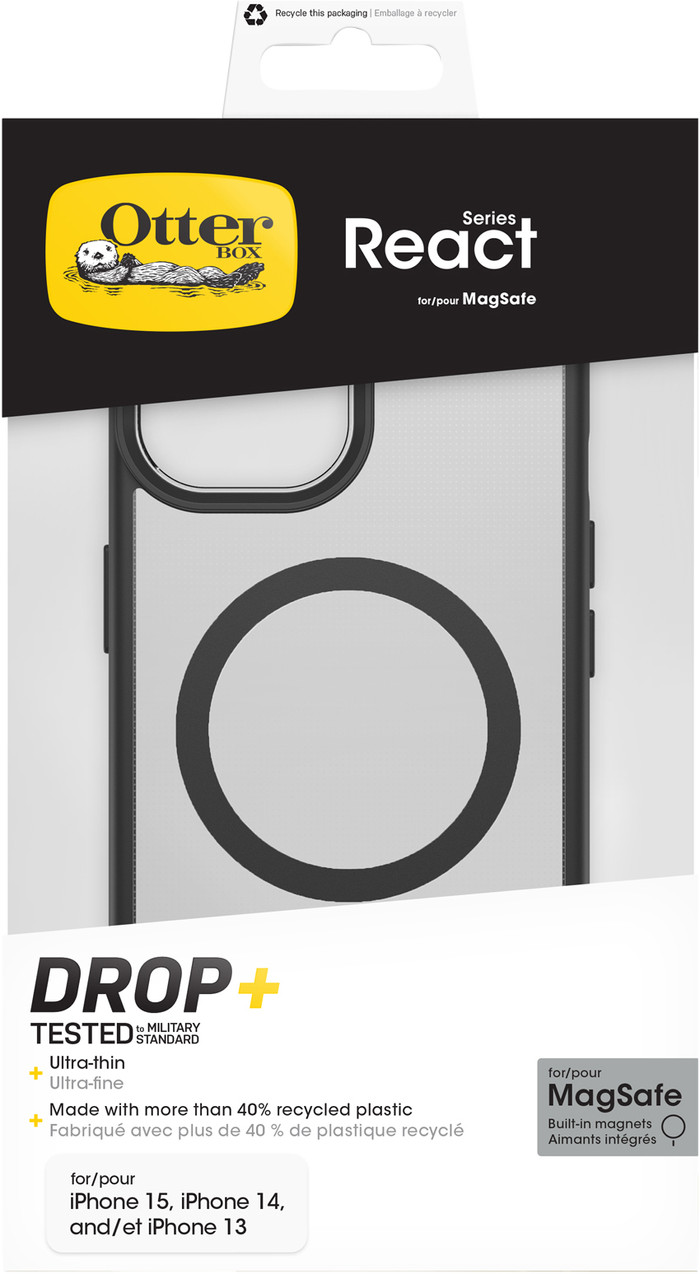 Otterbox React iPhone 15, 14 en 13 Back Cover met MagSafe Magneet Transparant Zwarte Rand verpakking