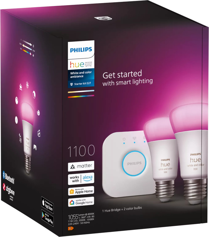 Philips Hue White and Color Starter Pack met 2 lampen + Bridge verpakking