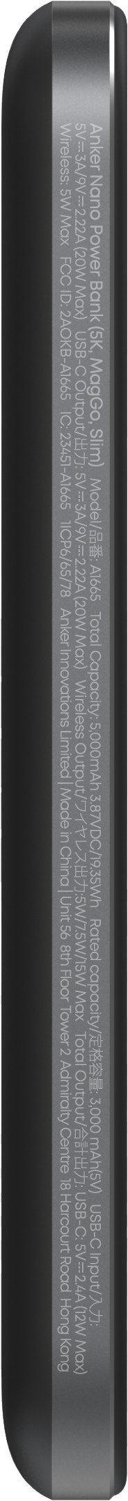 Anker MagGo Slim Draadloze Powerbank met MagSafe en Qi2 5.000 mAh met Snelladen Zwart linkerkant