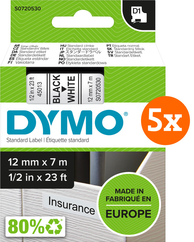 DYMO D1 12mm x 7m Zwart Wit Labels 5-pack Main Image