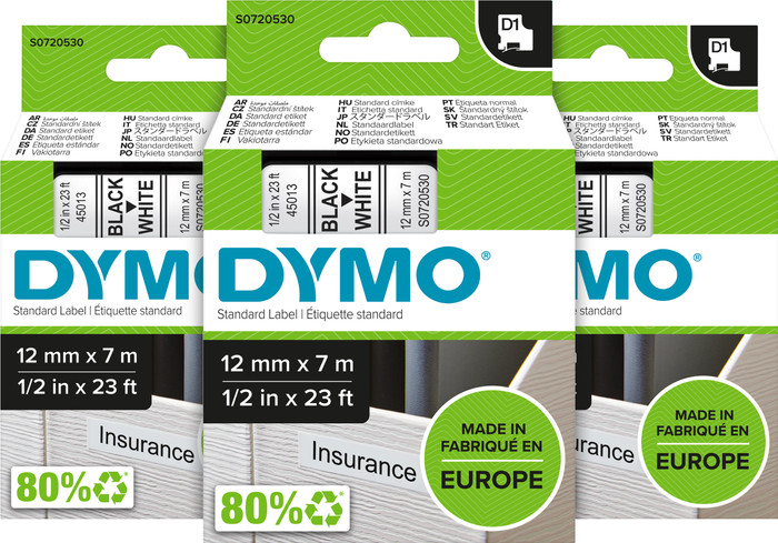 DYMO D1 12mm x 7m Zwart Wit Labels 3-pack Main Image