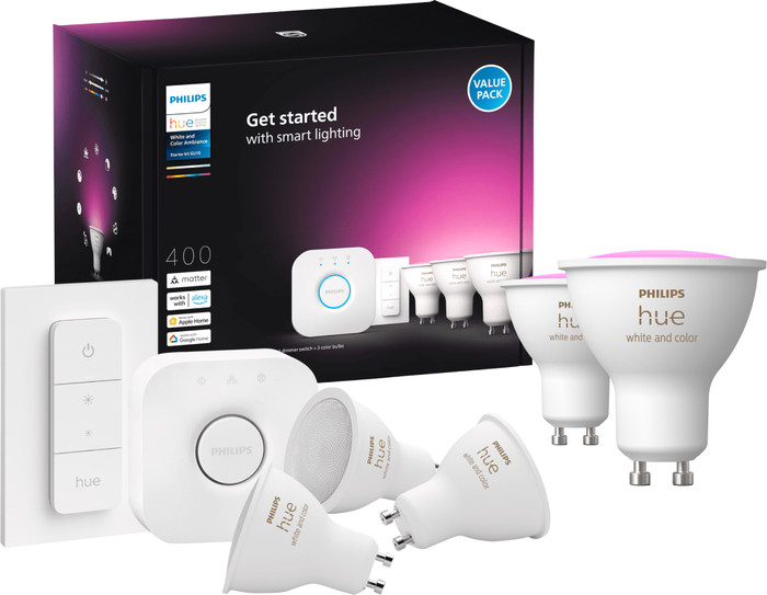 Philips Hue White and Color GU10 Starter Pack - 5 Lights + Bridge + Dimmer Main Image