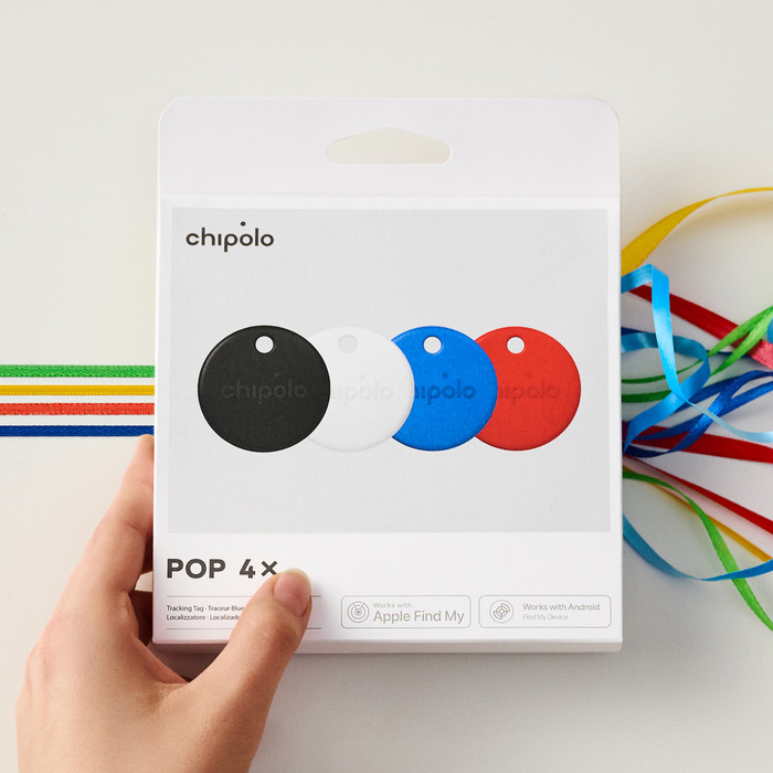 Chipolo POP 8-Pack Zwart, Wit, Rood, Blauw verpakking