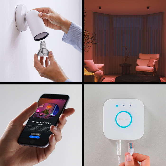Philips Hue Essential White and Color Starter Pack GU10 3-pack + Bridge + Dimmer product in use