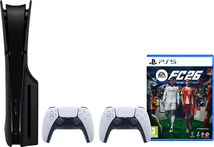 PlayStation 5 Slim Disc Edition + FC 26 + Covers Zwart + Extra Controller Wit Main Image