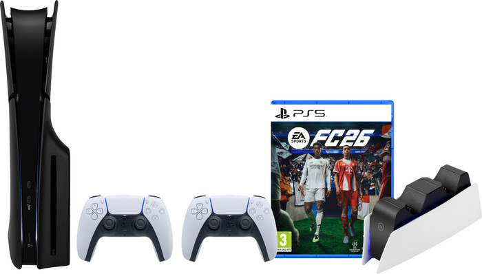 PS5 Slim Disc Edition + FC 26 + Covers Black + Extra Controller White + Charging Dock Main Image