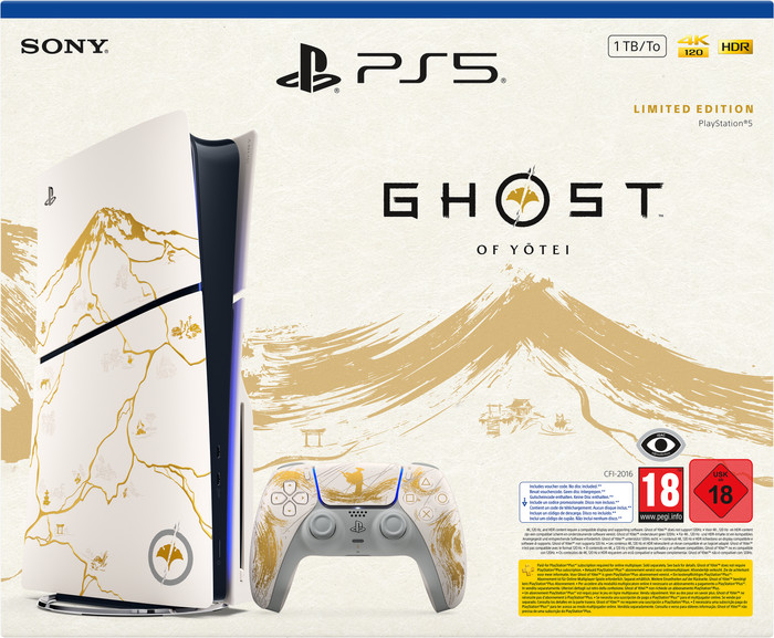 PlayStation 5 Slim Disc Edition + Ghost of Yotei Gold Limited Edition packaging