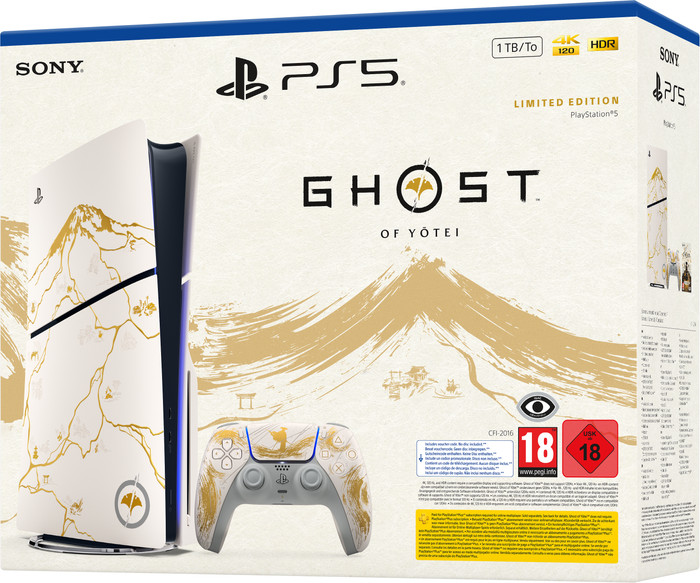 PlayStation 5 Slim Disc Edition + Ghost of Yotei Gold Limited Edition packaging