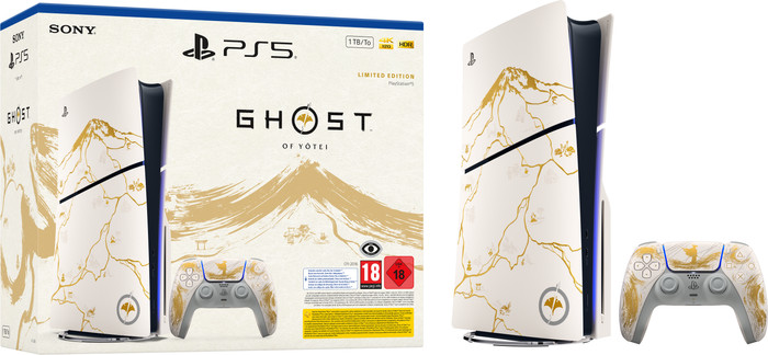 PlayStation 5 Slim Disc Edition + Ghost of Yotei Gold Limited Edition packaging