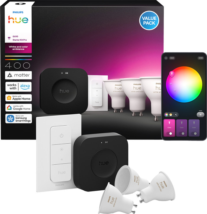 Philips Hue White and Color Starter Pack GU10 3-pack + Bridge Pro + Dimmer packaging