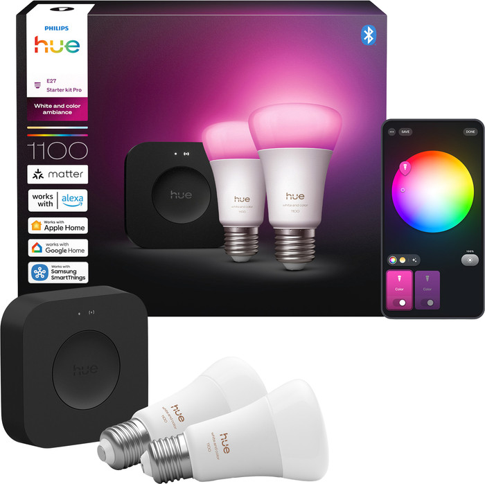 Philips Hue White and Color Starter Pack E27 1100 lumens 2-pack + Bridge Pro packaging
