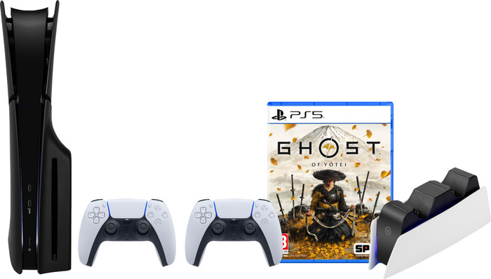PS5 Slim Disc Edition + Ghost of Yotei + Covers Black + Extra Controller White + Charging Dock Main Image