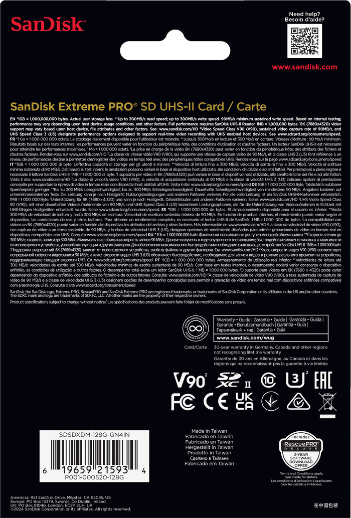 SanDisk SDXC Extreme Pro 128GB 300MB/s verpakking